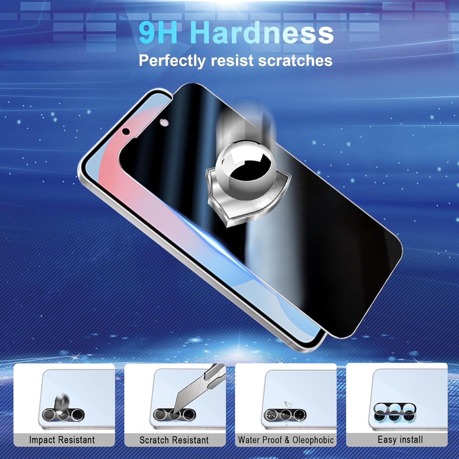 2+2 Pack Privacy Screen Protector Compatible with Galaxy S24 FE 5G - 2 Tempered Film + 2 Camera Lens Glass - High Clarity - Bubble Free - Anti-Spy Protection - Anti-Shatter