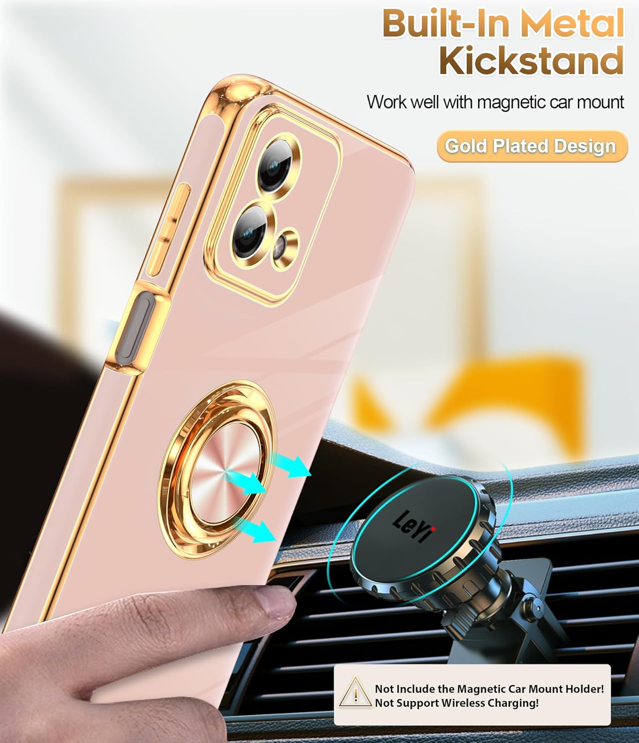 LeYi for Moto G Stylus 5G 2023 Phone Case: with Tempered Glass Screen Protector [2 Pack] 360° Rotatable Ring Holder Magnetic Kickstand, Plating Rose Gold Edge Motorola G Stylus 5G 2023 Case, Pink