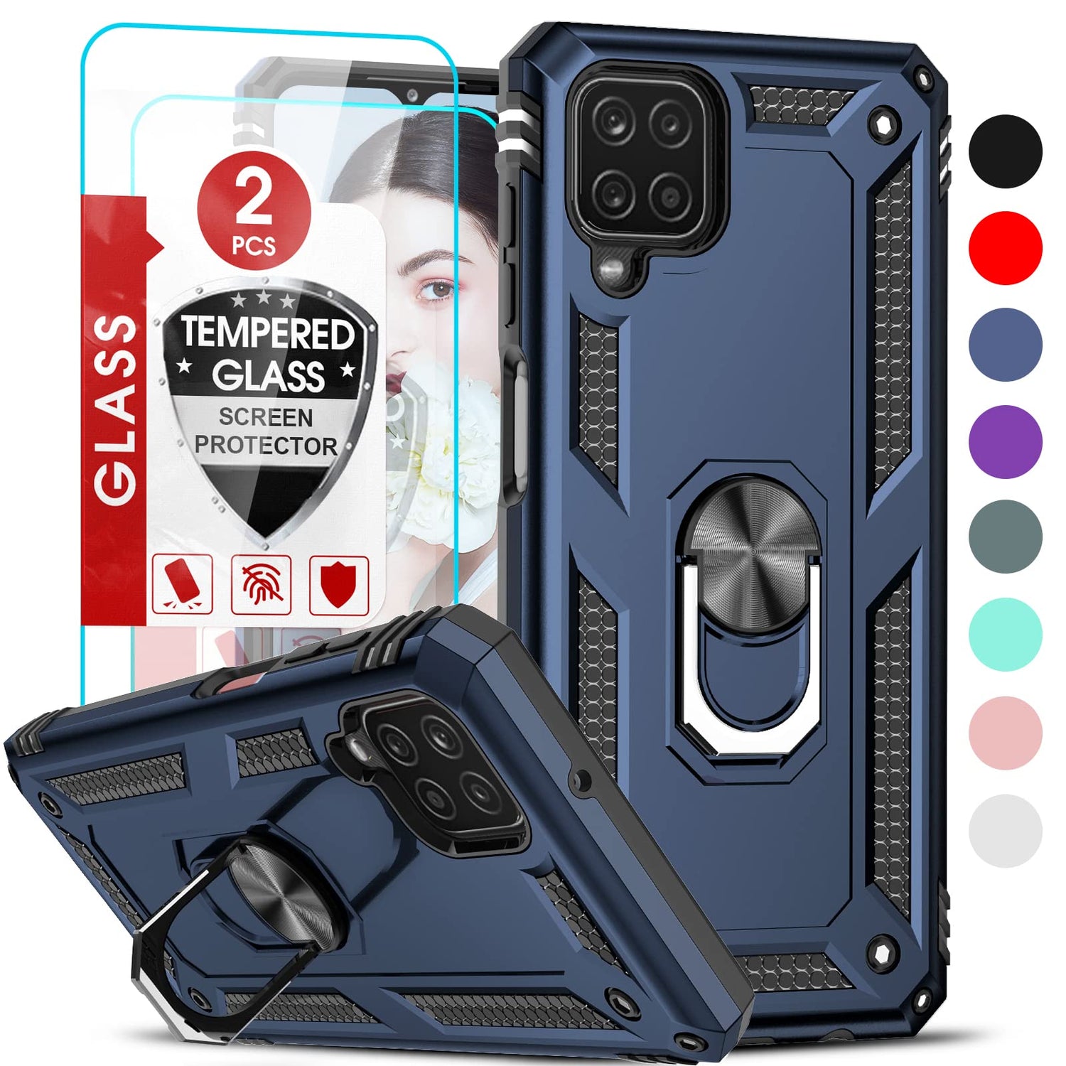 LeYi for Samsung Galaxy A12 Phone Case, Samsung A12 Phone Case with [2 Pack] Glass Screen Protector Replacement, Military-Grade Shockproof Magnetic Ring Stand Cell Android Case Cover A 12 5G, Black