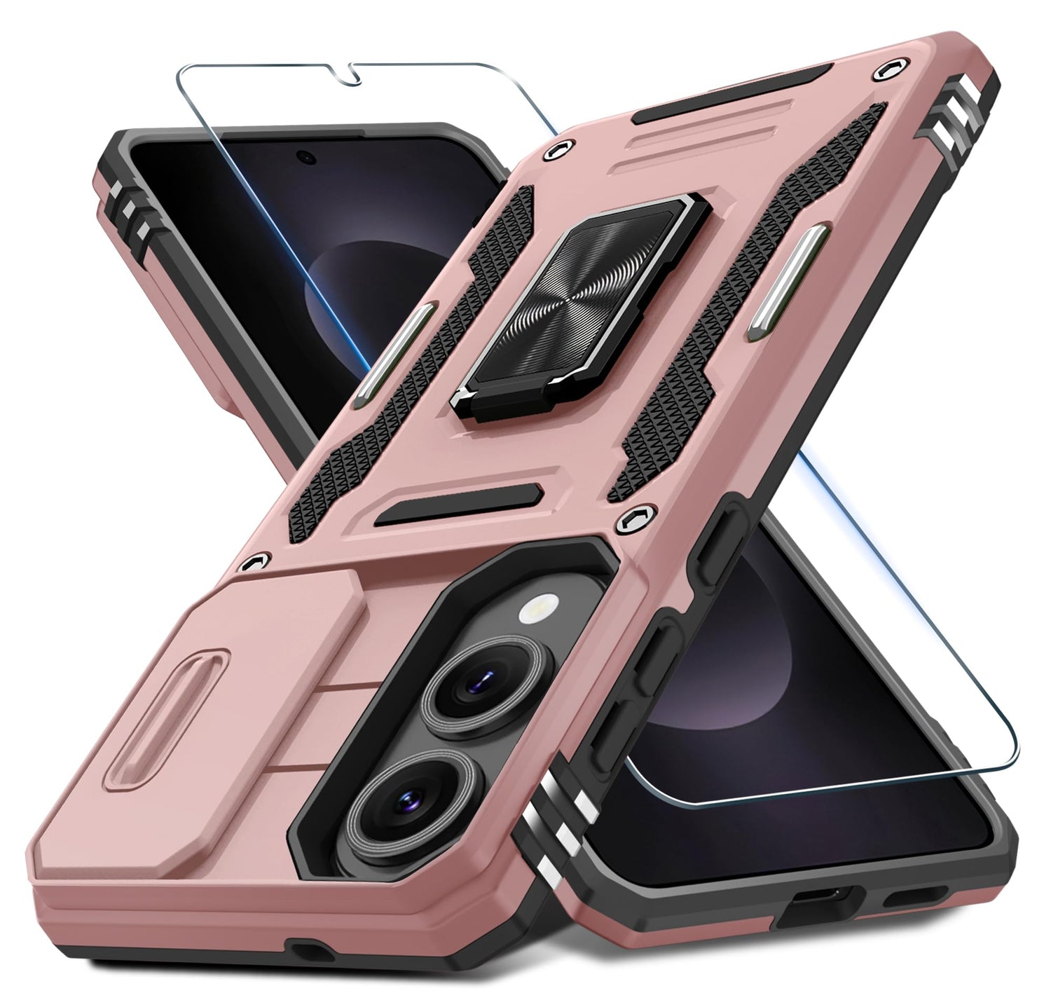 DEERLAMN Case for Samsung Galaxy A17 5G with Slide Camera Cover+Screen Protector (1 Pack), Rotated Ring Kickstand Military Grade Shockproof Protective Cover-Navy Blue