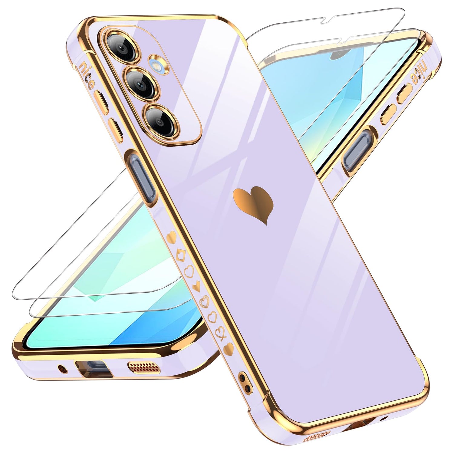 LeYi for Galaxy A16-5G Phone Case: Tempered Glass Screen Protector [2 Pcs]+ Full Camera Lens Protection,Love Heart Plating Luxury Shockproof Phone Case para Samsung A 16 5G Cute,Pink