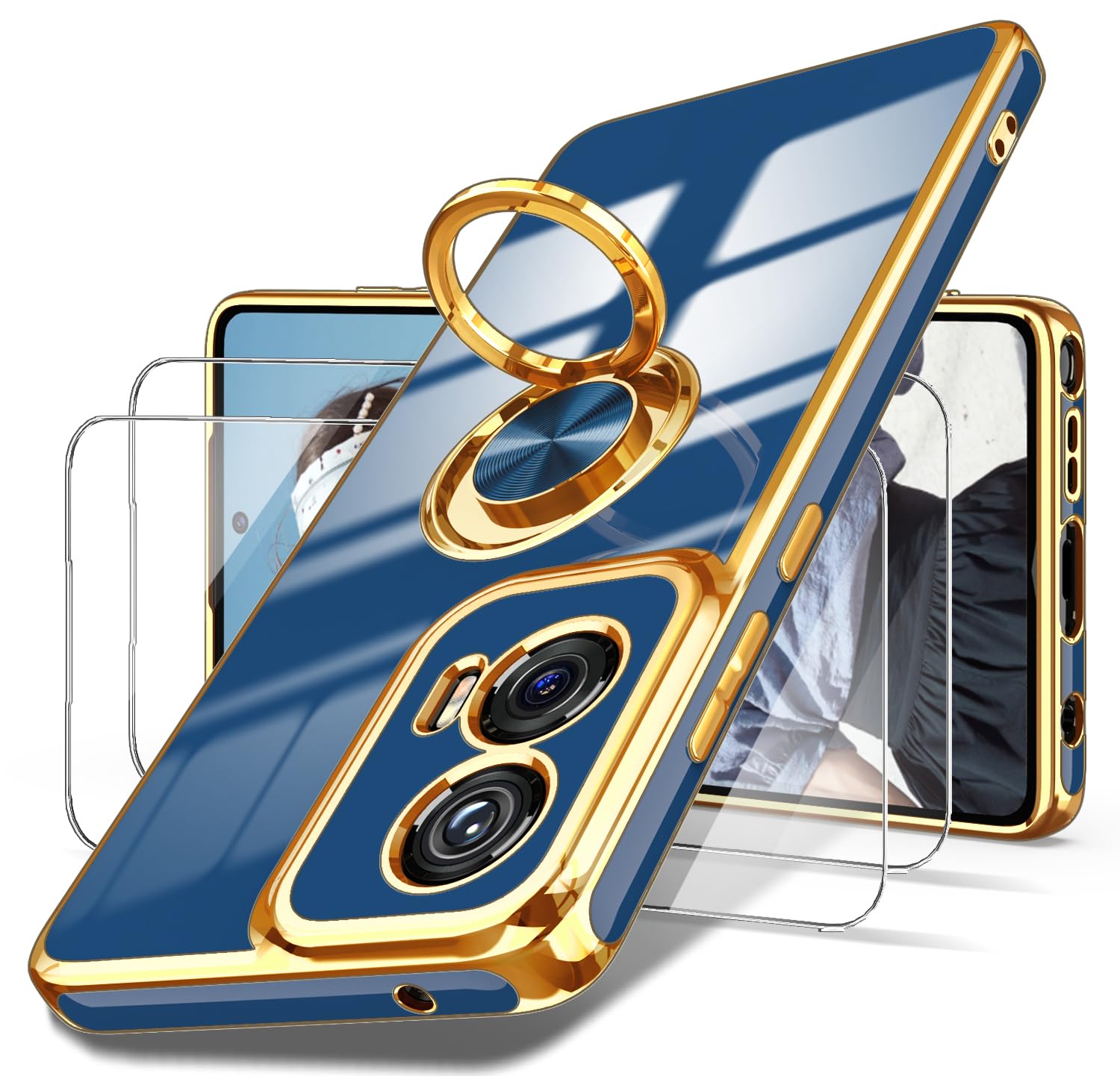 Dretal for Moto G Stylus 5G 2024 Case, 2X Screen Protector, 360° Rotatable Ring Holder Magnetic Kickstand,Plated Gold Edge Slim Soft TPU Protective Cover for Motorola G Stylus 5G (Purple)