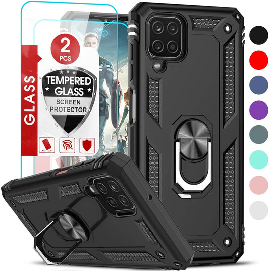 LeYi for Samsung Galaxy A12 Phone Case, Samsung A12 Phone Case with [2 Pack] Glass Screen Protector Replacement, Military-Grade Shockproof Magnetic Ring Stand Cell Android Case Cover A 12 5G, Black