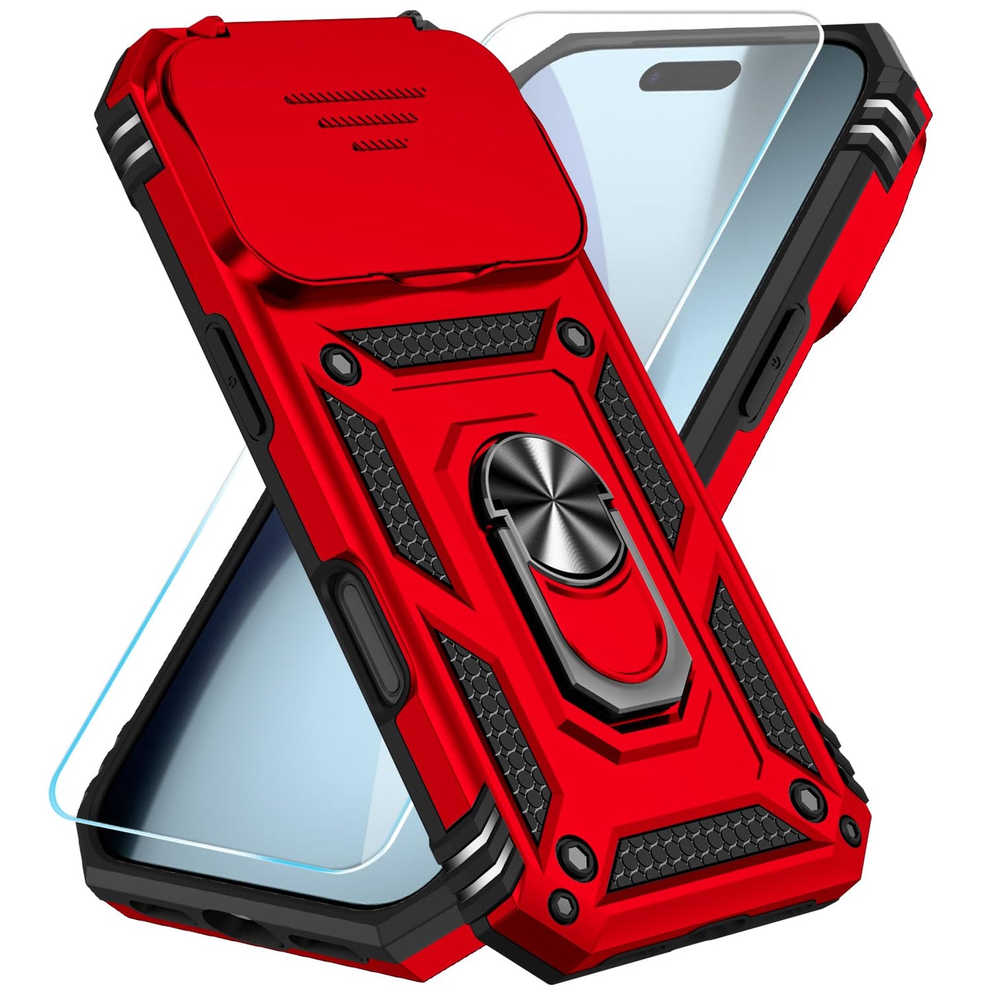 SunStory Compatible with iPhone 17 Case with HD Screen Protector & Slide Camera Cover & Rotated Ring Kickstand, [Military-Grade] iPhone Case for iPhone 17,Red