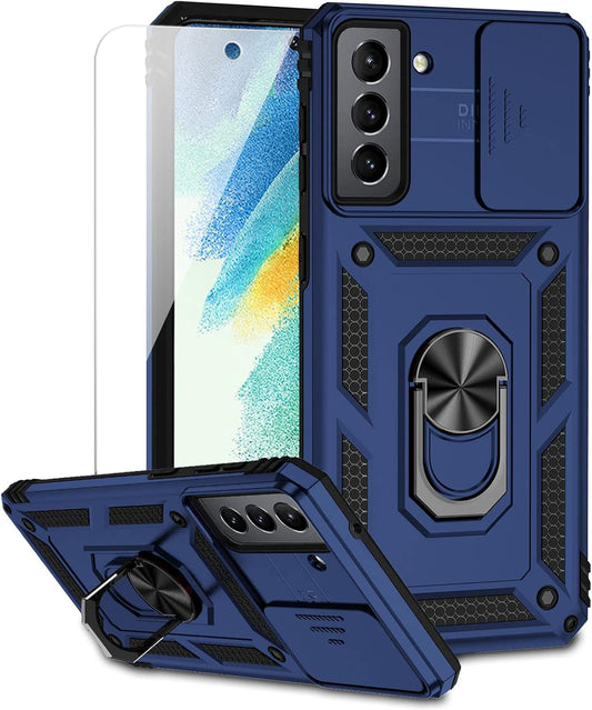 for Samsung Galaxy S21 FE 5G Case with Camera Lens Cover HD Screen Protector, Military-Grade Drop Tested Magnetic Ring Holder Kickstand Protective Phone Case for Samsung Galaxy S21 FE 5G (Navy Blue)