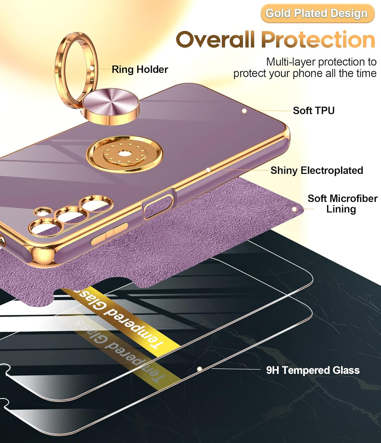 LeYi for Samsung Galaxy A14 5G Case with [2 Pack] Tempered Glass Screen Protector 360° Rotatable Ring Holder Magnetic Kickstand, Plating Rose Gold Edge Protective Case, Purple