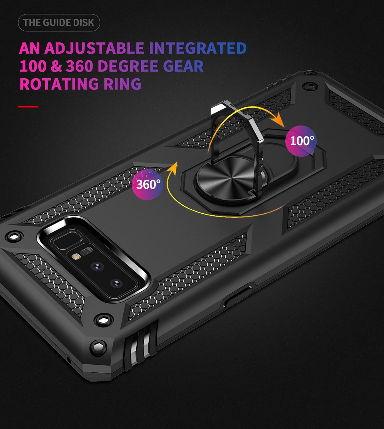 Androgate for Samsung Galaxy Note 8 Case with 3D PET Screen Protectors, Military-Grade Metal Ring Holder Kickstand 15ft Drop Tested Shockproof Cover Case for Samsung Galaxy Note 8 Black
