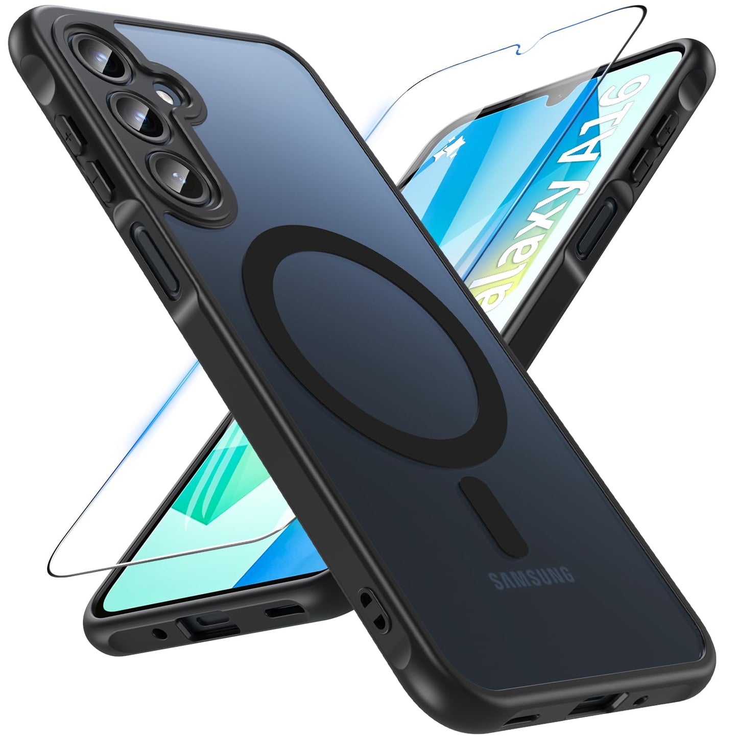 OWKEY Galaxy A15 5G Phone Case,Magnetic Samsung Galaxy A15 5G Case for Magsafe with Tempered Glass Screen Protector,[Shockproof Military] Translucent Back Slim Bumper Cover Samsung A15 5G case, Black
