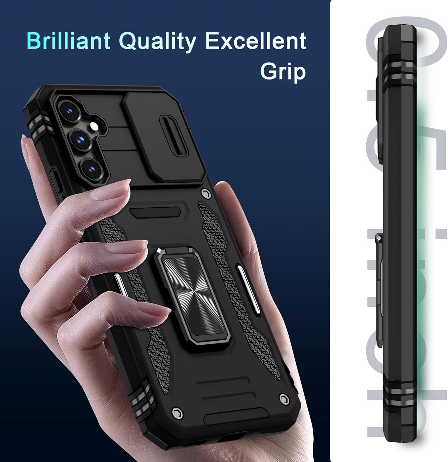 DEERLAMN Case for Samsung Galaxy S23 FE 6.4-Inch with Slide Camera Cover+Screen Protector(1 Pack),Rotated Ring Kickstand Military Grade Shockproof Protective Cover-Black