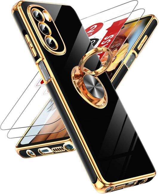 LeYi for Moto G Stylus 5G 2022 Case: with Tempered Glass Screen Protector [2 Pack] 360° Rotatable Ring Holder Magnetic Kickstand, Plating Rose Gold Edge for Motorola G Stylus 5G 2022 Case, Black
