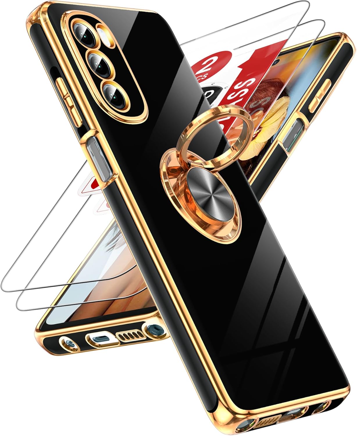 LeYi for Moto G Stylus 5G 2022 Case: with Tempered Glass Screen Protector [2 Pack] 360° Rotatable Ring Holder Magnetic Kickstand, Plating Rose Gold Edge for Motorola G Stylus 5G 2022 Case, Black