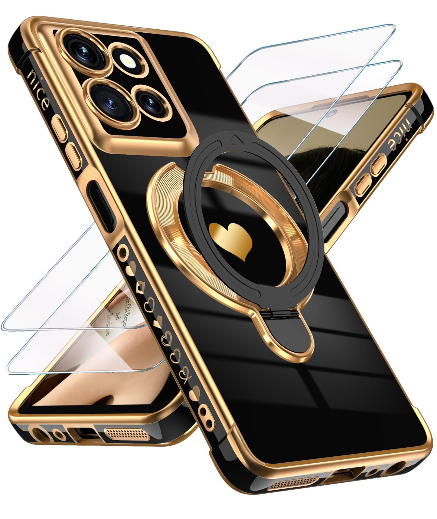 for Motorola Moto G Power 5G 2025/2026 Phone Case with Screen Protector,Cute Love Heart,Ring Metal Kickstand,Plated Gold Edge Soft TPU Protection Cover for Moto G Power 2025/2026 (Pink)