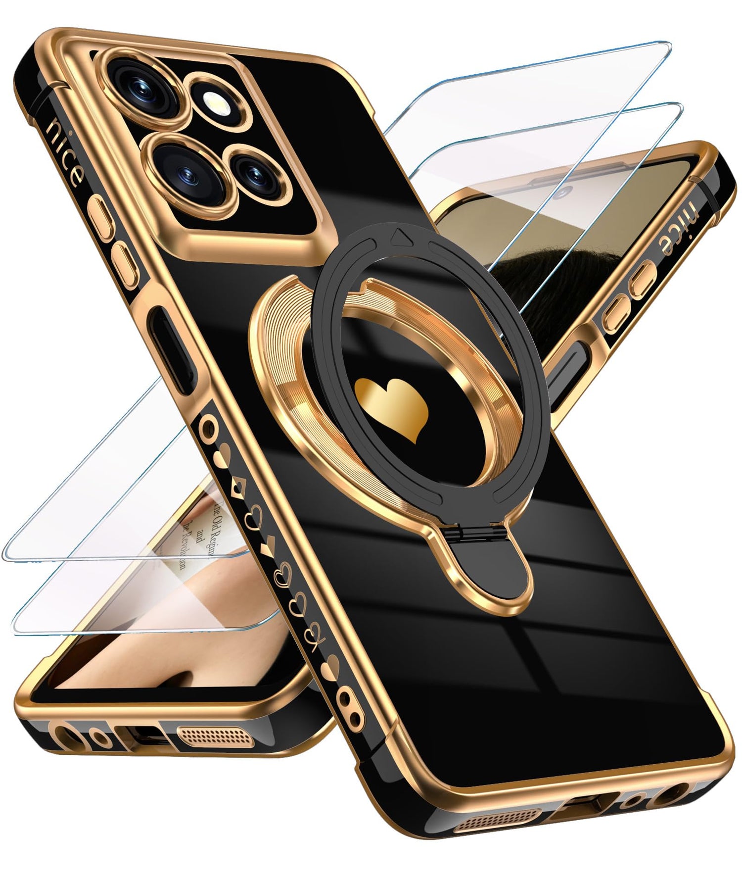 for Motorola Moto G Power 5G 2025/2026 Phone Case with Screen Protector,Cute Love Heart,Ring Metal Kickstand,Plated Gold Edge Soft TPU Protection Cover for Moto G Power 2025/2026 (Pink)