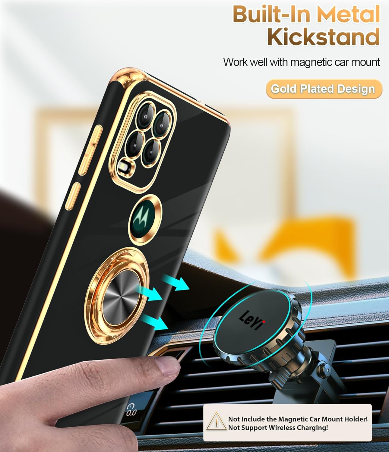 LeYi for Moto G Stylus 5G 2021 Case: with Tempered Glass Screen Protector [2 Pack] 360° Rotatable Ring Holder Magnetic Kickstand, Plating Rose Gold Edge Motorola G Stylus 5G 2021 Case, Black