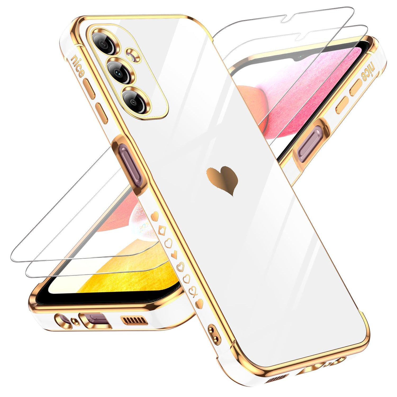 LeYi for Galaxy A16-5G Phone Case: Tempered Glass Screen Protector [2 Pcs]+ Full Camera Lens Protection,Love Heart Plating Luxury Shockproof Phone Case para Samsung A 16 5G Cute,Pink
