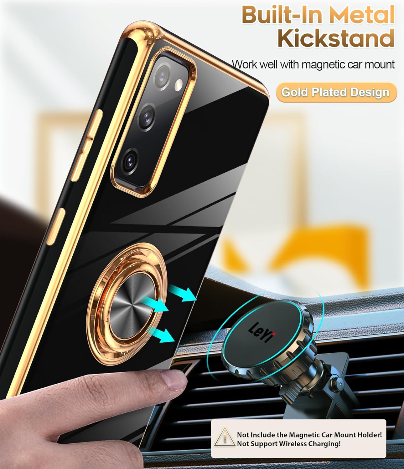 LeYi for Samsung Galaxy S20-FE-5G Case: S20FE/S 20FE Phone Case with Tempered Glass Screen Protector [2 Pack], Ring Holder Magnetic Kickstand, Plating Rose Gold Protective Case for Women Girls, Black