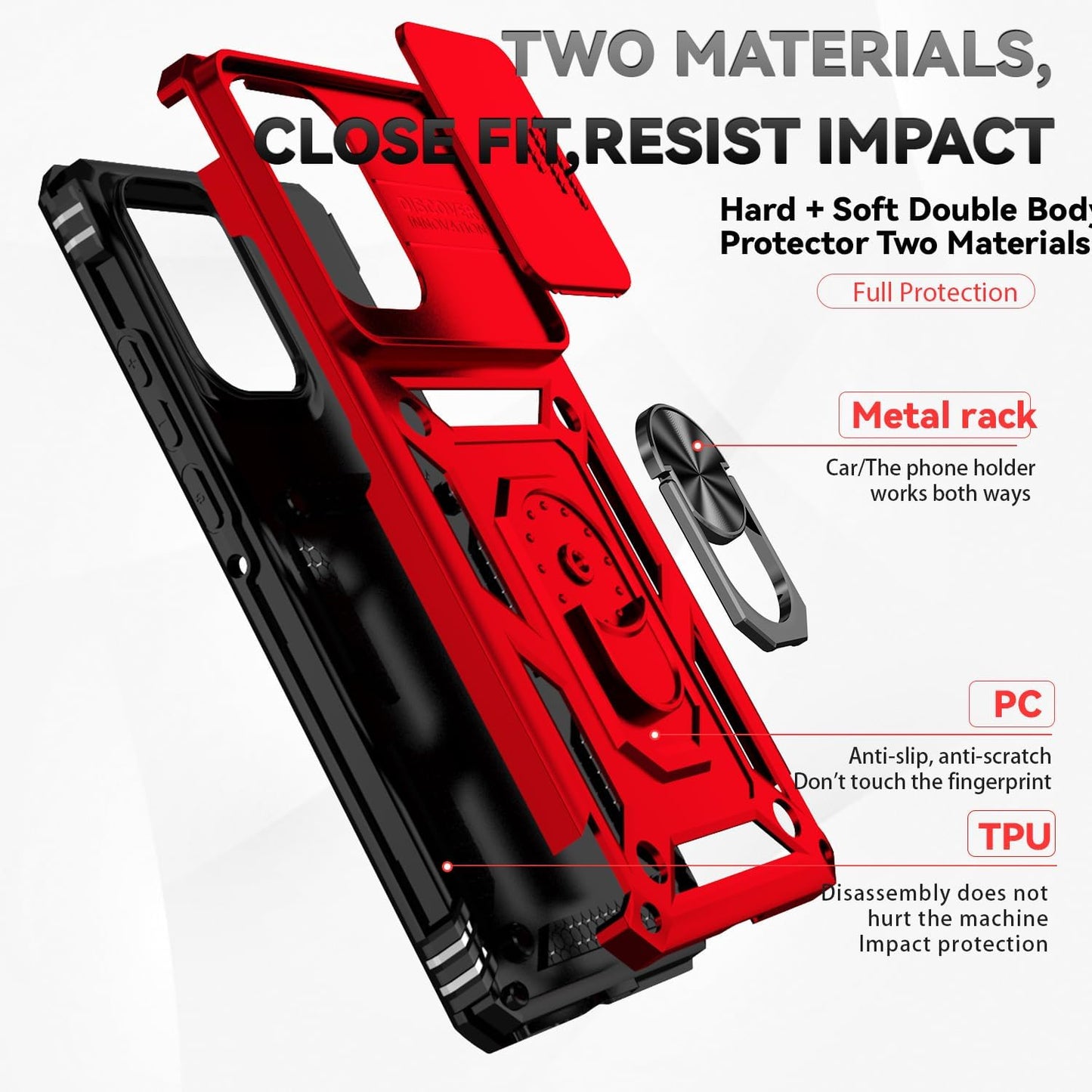 SunStory Phone Case for Motorola Moto Edge 2024 Case with HD Screen Protector & Slide Camera Cover & Rotated Ring Kickstand, [Military-Grade] Phone Case for Moto Edge 2024 (Red)
