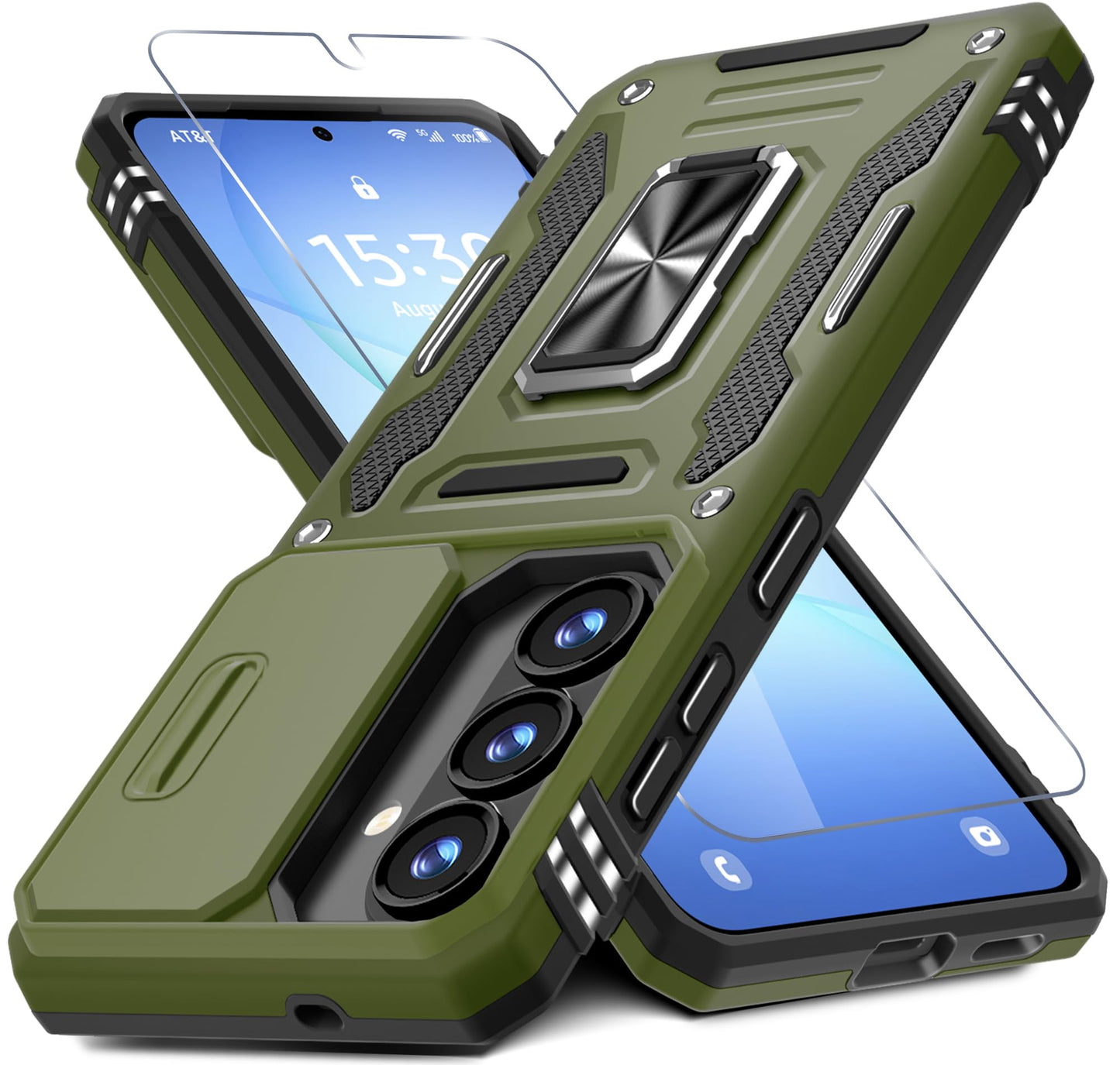 DEERLAMN Case for Samsung Galaxy A17 5G with Slide Camera Cover+Screen Protector (1 Pack), Rotated Ring Kickstand Military Grade Shockproof Protective Cover-Navy Blue