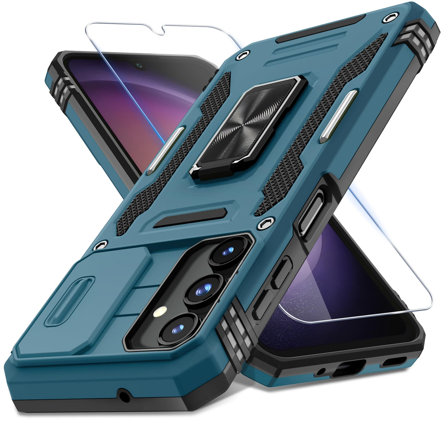 DEERLAMN Case for Samsung Galaxy A17 5G with Slide Camera Cover+Screen Protector (1 Pack), Rotated Ring Kickstand Military Grade Shockproof Protective Cover-Navy Blue