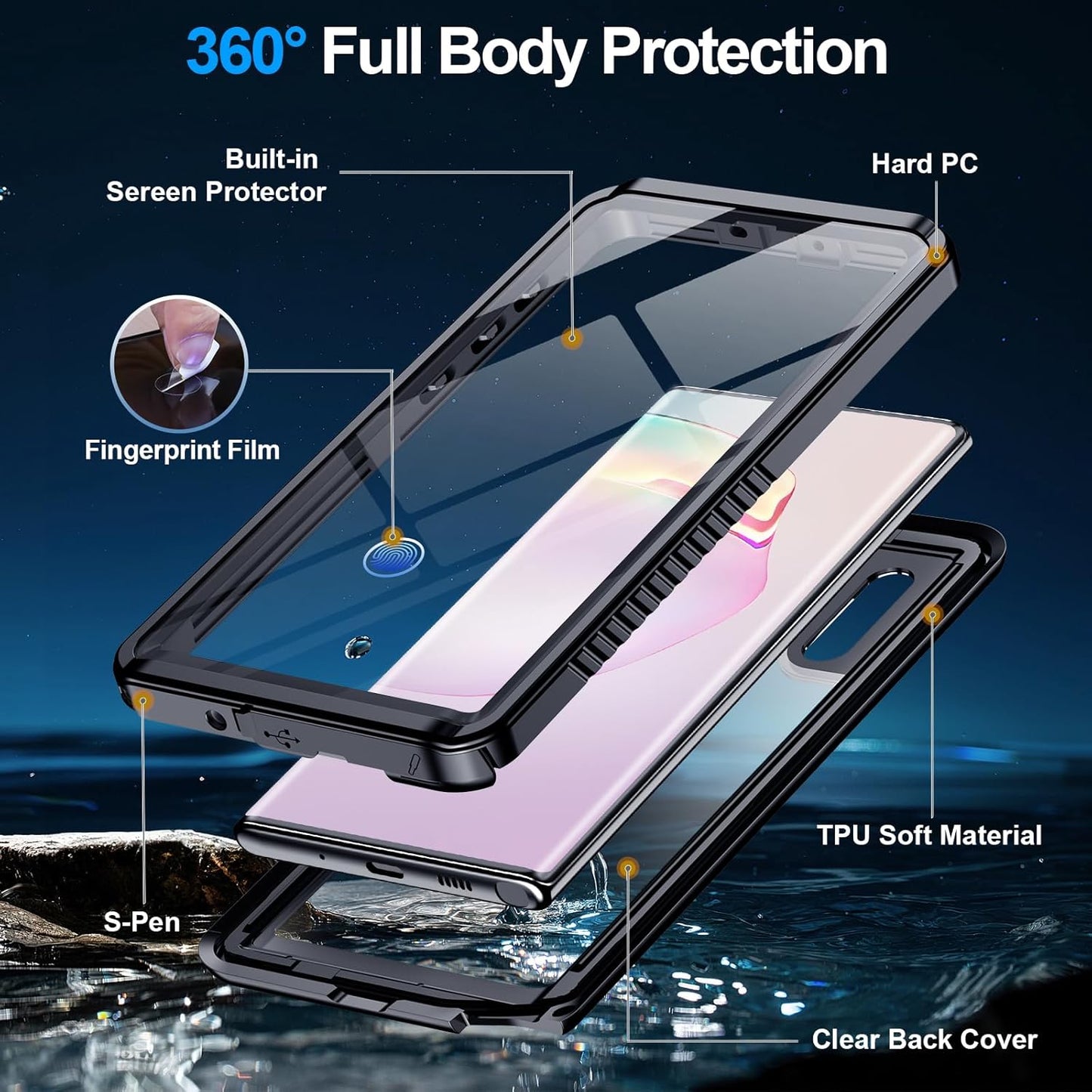 MOZOTER for Samsung Galaxy Note 10 Case Waterproof,[IPX8 Underwater Case][Full Body Shockproof & Military Dropproof] Clear Sound Quality Built-in Screen Protector for Samsung Note 10 6.3 inch-Black