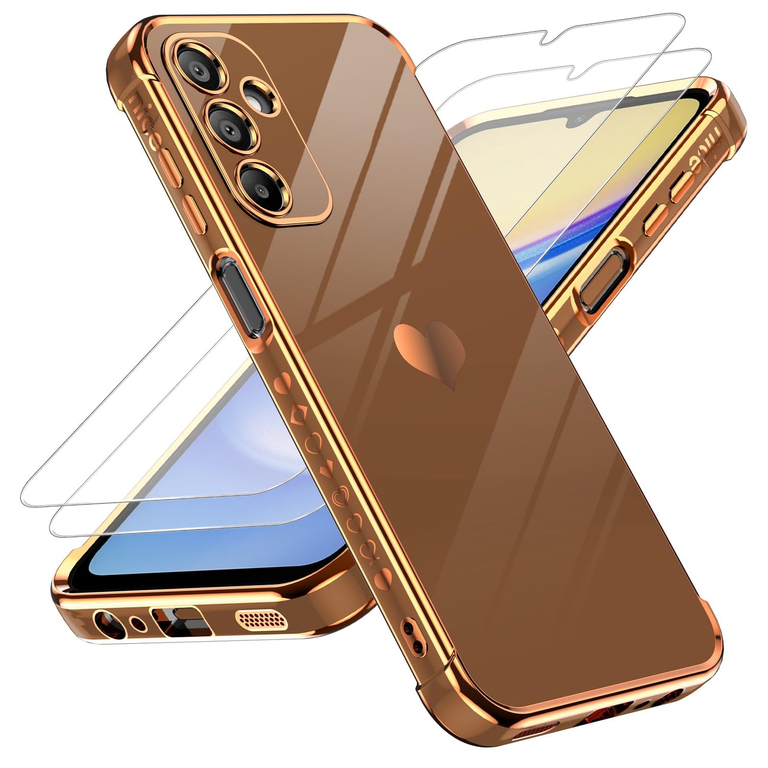 LeYi for Galaxy A16-5G Phone Case: Tempered Glass Screen Protector [2 Pcs]+ Full Camera Lens Protection,Love Heart Plating Luxury Shockproof Phone Case para Samsung A 16 5G Cute,Pink