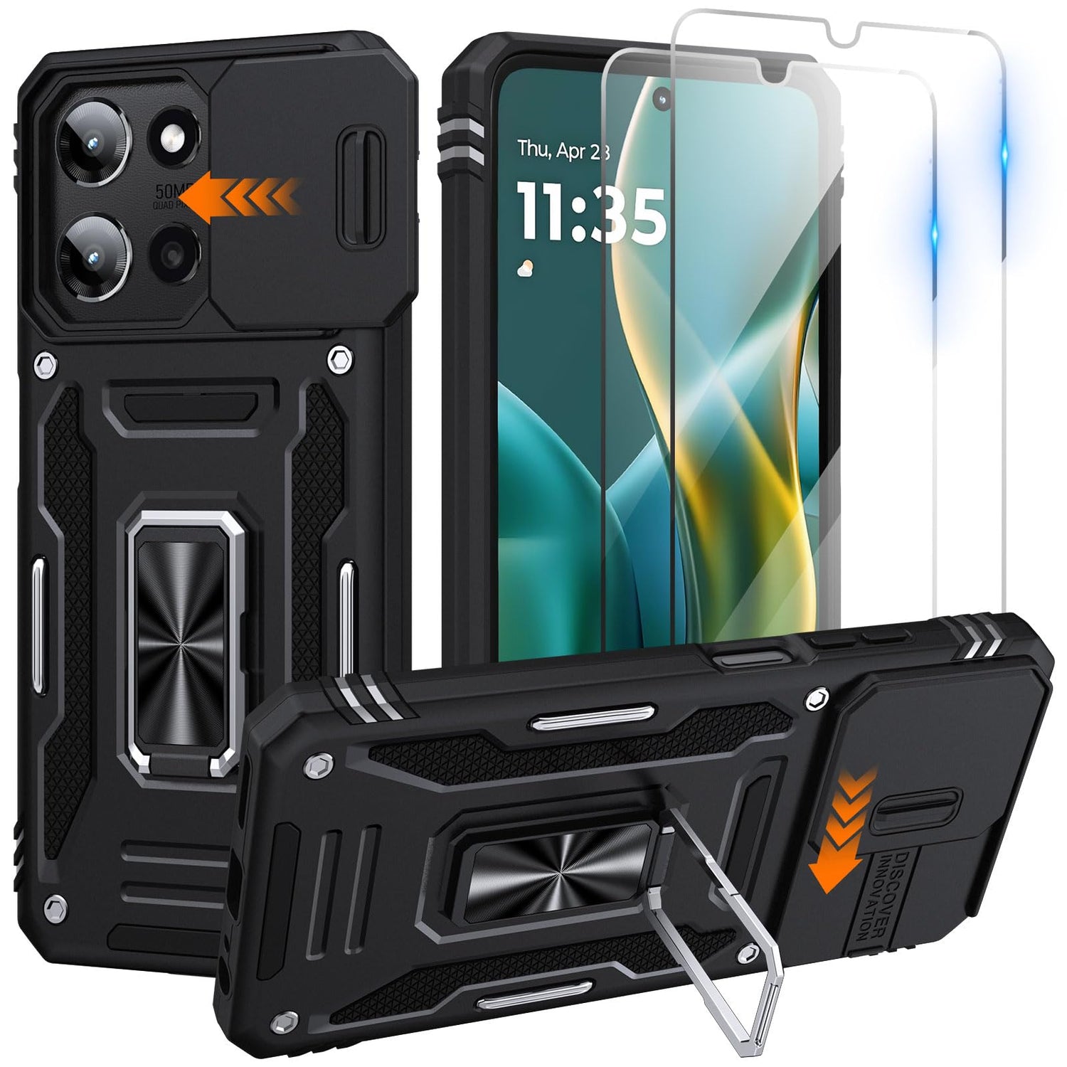 for Moto G Power 2025 Case/Moto G Power 2026 Case with 2 PCS HD Screen Protector, Slide Camera Cover Military Grade Drop Protection 360° Ring Holder Kickstand, Heavy Duty Shockproof, Black