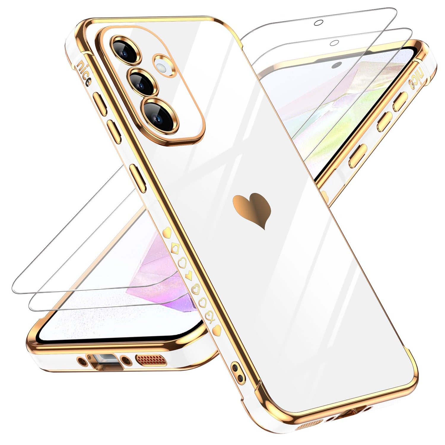 LeYi for Galaxy A16-5G Phone Case: Tempered Glass Screen Protector [2 Pcs]+ Full Camera Lens Protection,Love Heart Plating Luxury Shockproof Phone Case para Samsung A 16 5G Cute,Pink