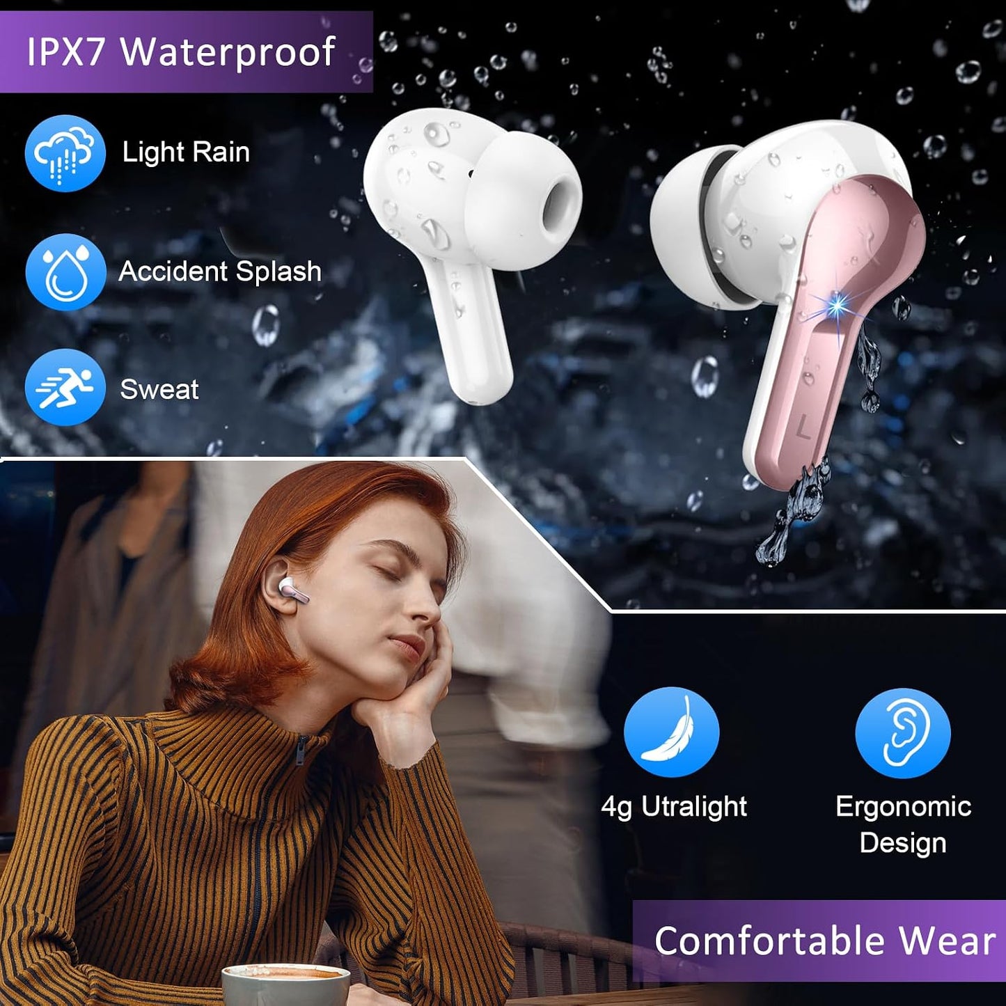 Wireless Earbuds, 48Hrs 2026 Bluetooth Headphones, Hi-Fi Stereo Deep Bass Ear Buds, ENC Noise Cancelling Mic, Clear Calls, IP-X7 Waterproof, USB Sport Earphone in Ear for Phones Laptop Pad, Rose Gold