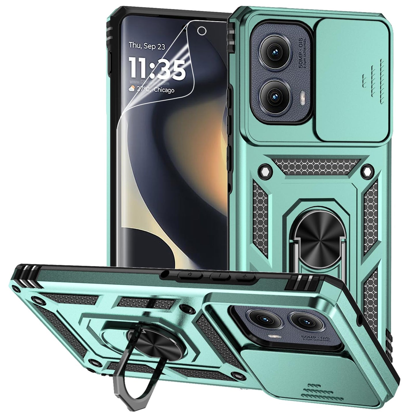 for Motorola Edge 2024 Case with Camera Lens Cover Screen Protector, Dual Layer Military-Grade Drop Tested Magnetic Ring Holder Kickstand Protective Phone Case for Motorola Moto Edge 2024 (Navy Blue)