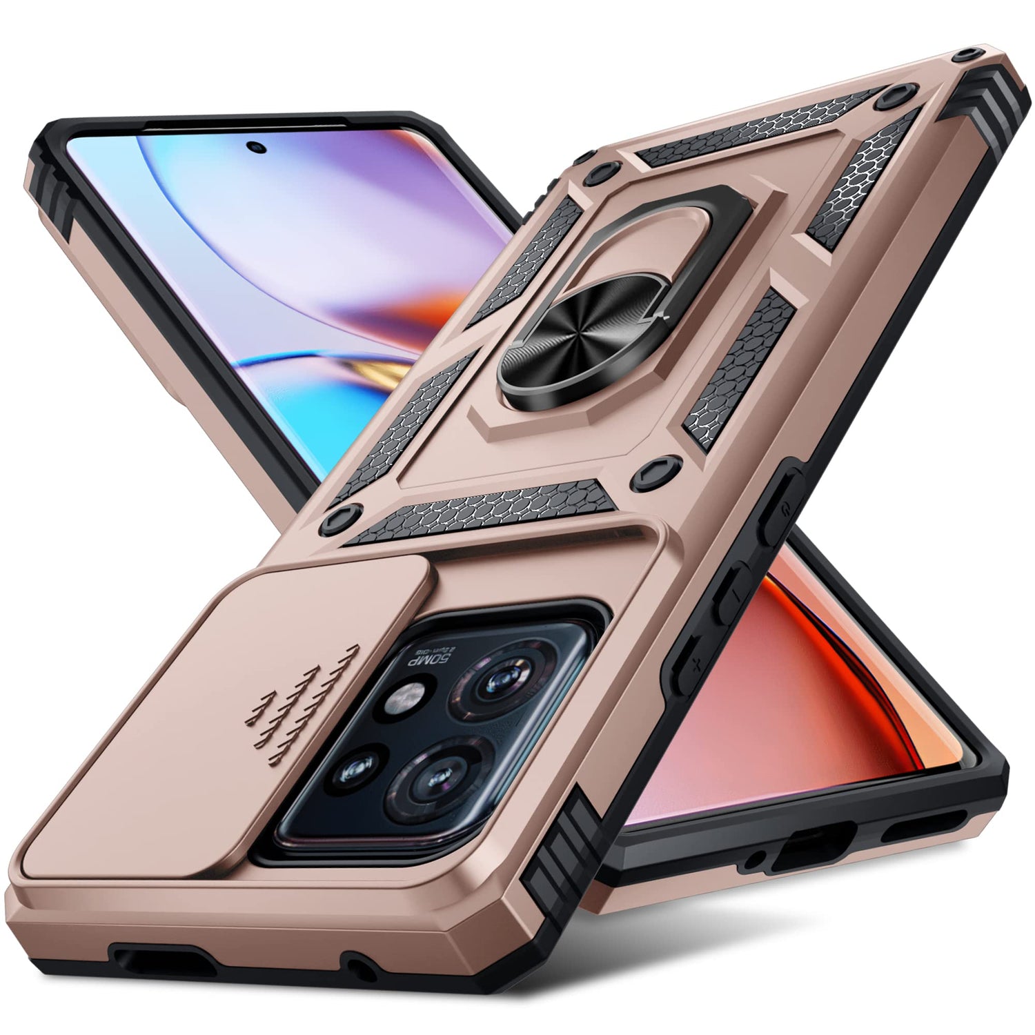 Janmitta Compatible with Moto Edge 2023 Case Built in Slide Camera Lens Cover+Finger Ring Holder Kickstand,Heavy Duty Shockproof Full Body Phone Cover,Blue