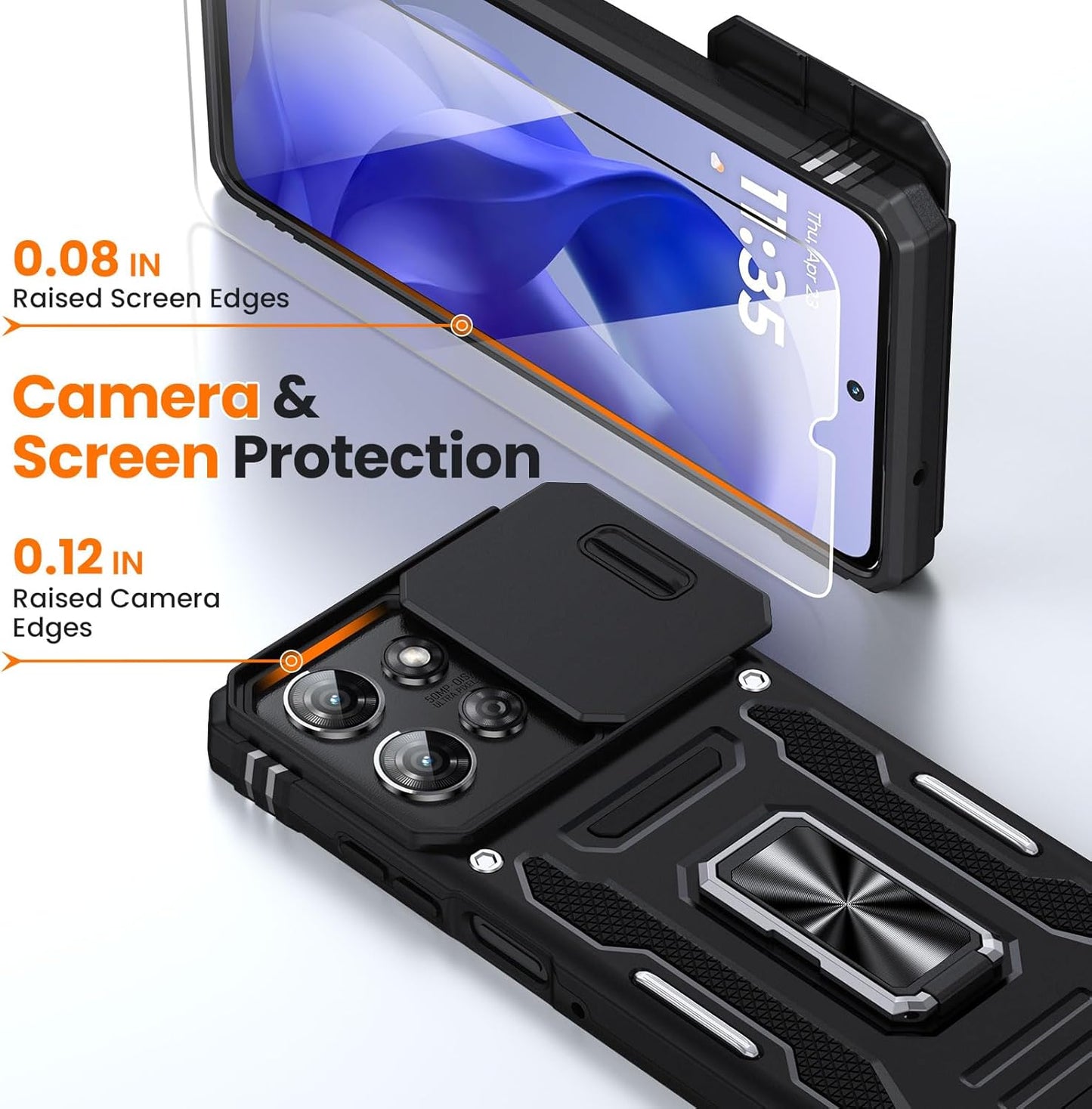 for Moto G Power 2025 Case/Moto G Power 2026 Case with 2 PCS HD Screen Protector, Slide Camera Cover Military Grade Drop Protection 360° Ring Holder Kickstand, Heavy Duty Shockproof, Black