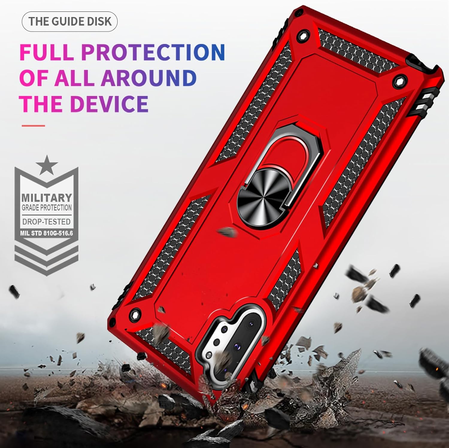 for Samsung Galaxy Note 10 Plus Case with Screen Protector:[Military Grade Drop Tested] Ring Holder Kickstand Shockproof Anti-Slip Protective Phone Case for Note 10 Plus 6.8- Red