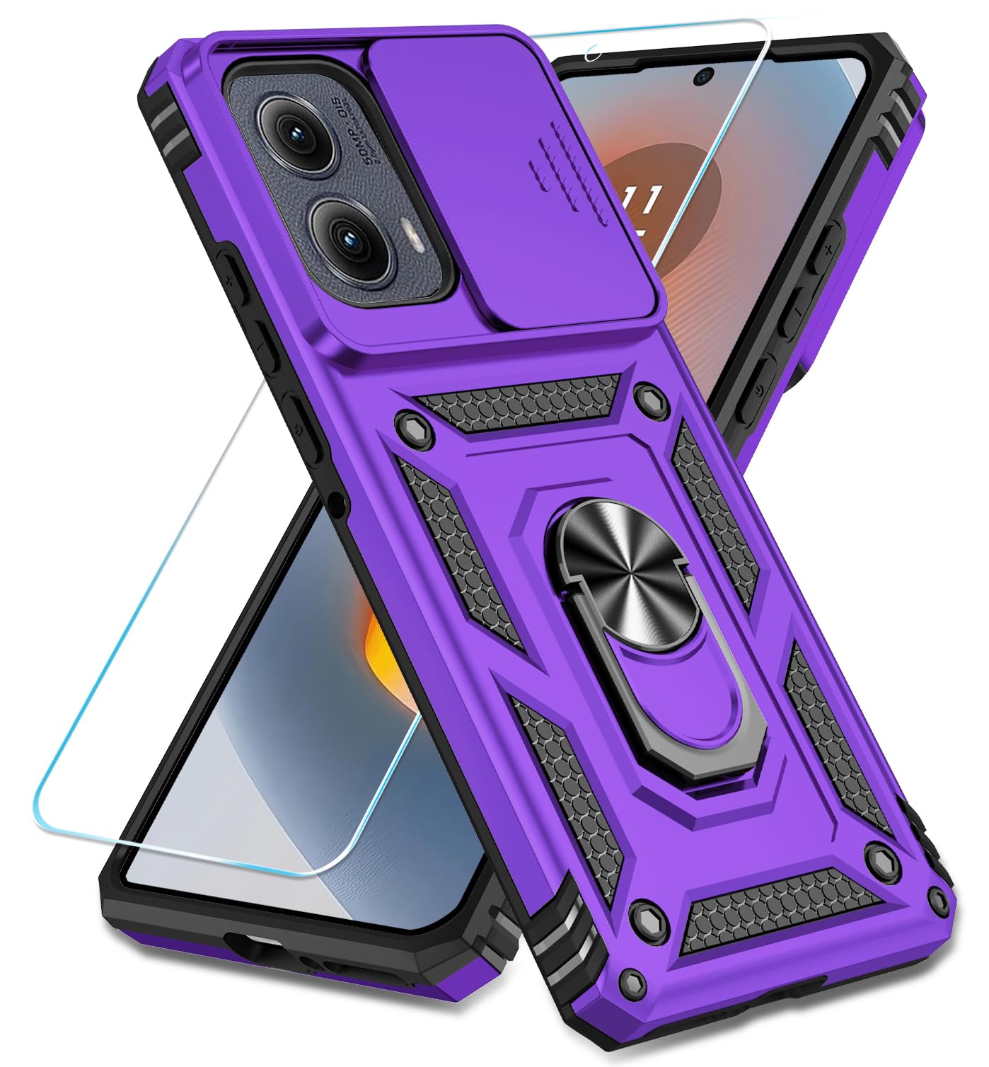 SunStory Phone Case for Motorola Moto Edge 2024 Case with HD Screen Protector & Slide Camera Cover & Rotated Ring Kickstand, [Military-Grade] Phone Case for Moto Edge 2024 (Red)
