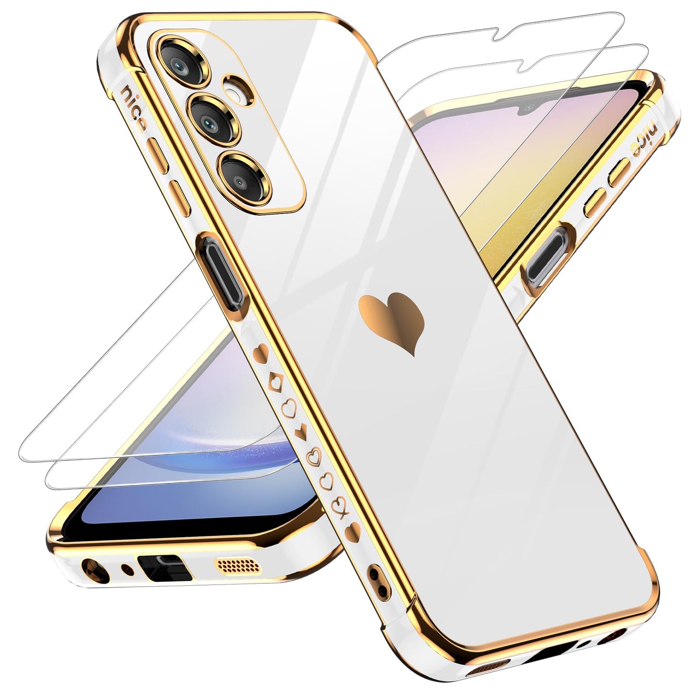LeYi for Samsung Galaxy A25-5G Phone Case: with Tempered Glass Screen Protector [2 Pcs]+ Full Camera Lens Protection, Love Heart Plating Women Luxury Soft TPU Shockproof Case for Samsung A25 5G, Pink