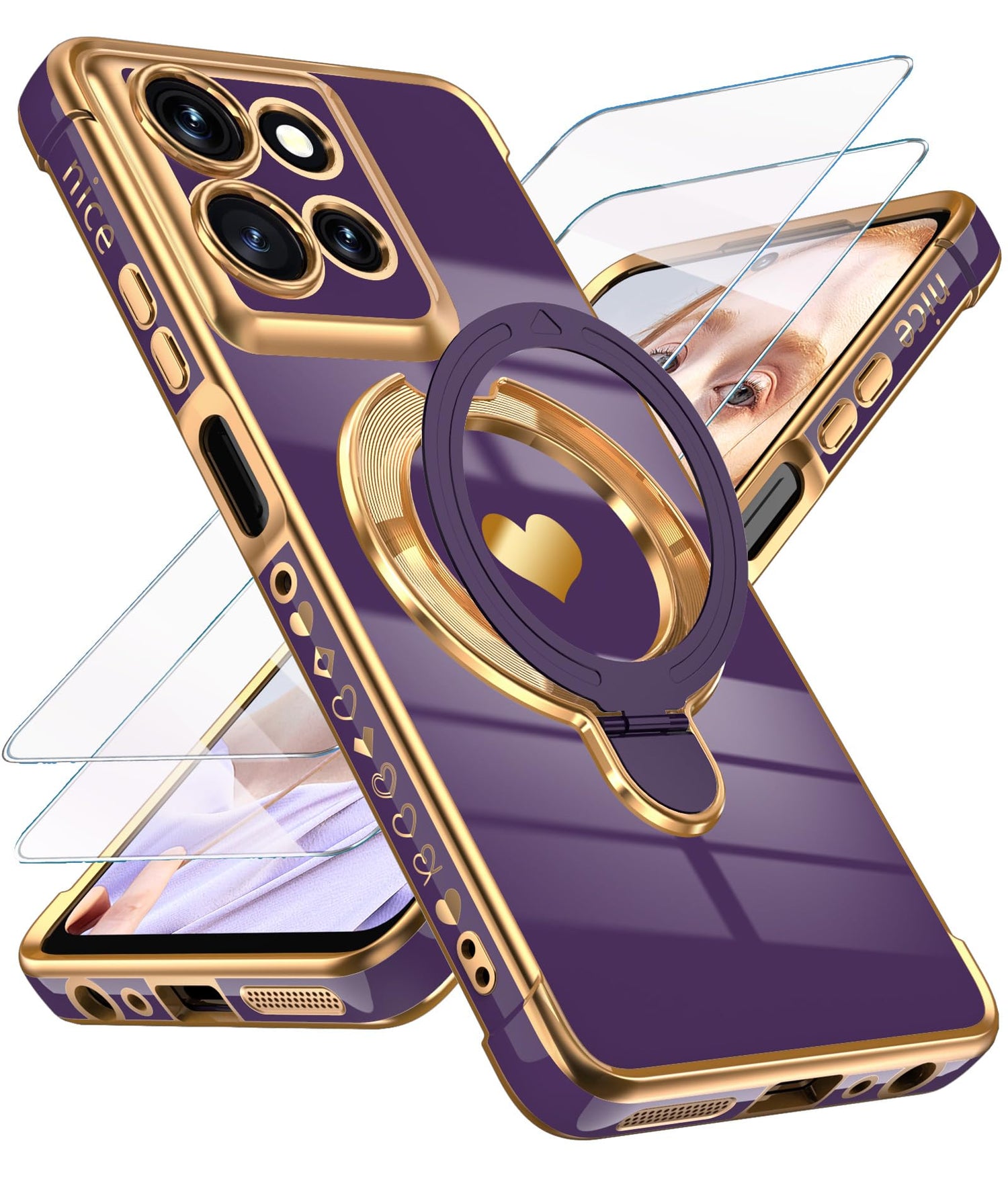 for Motorola Moto G Power 5G 2025/2026 Phone Case with Screen Protector,Cute Love Heart,Ring Metal Kickstand,Plated Gold Edge Soft TPU Protection Cover for Moto G Power 2025/2026 (Pink)