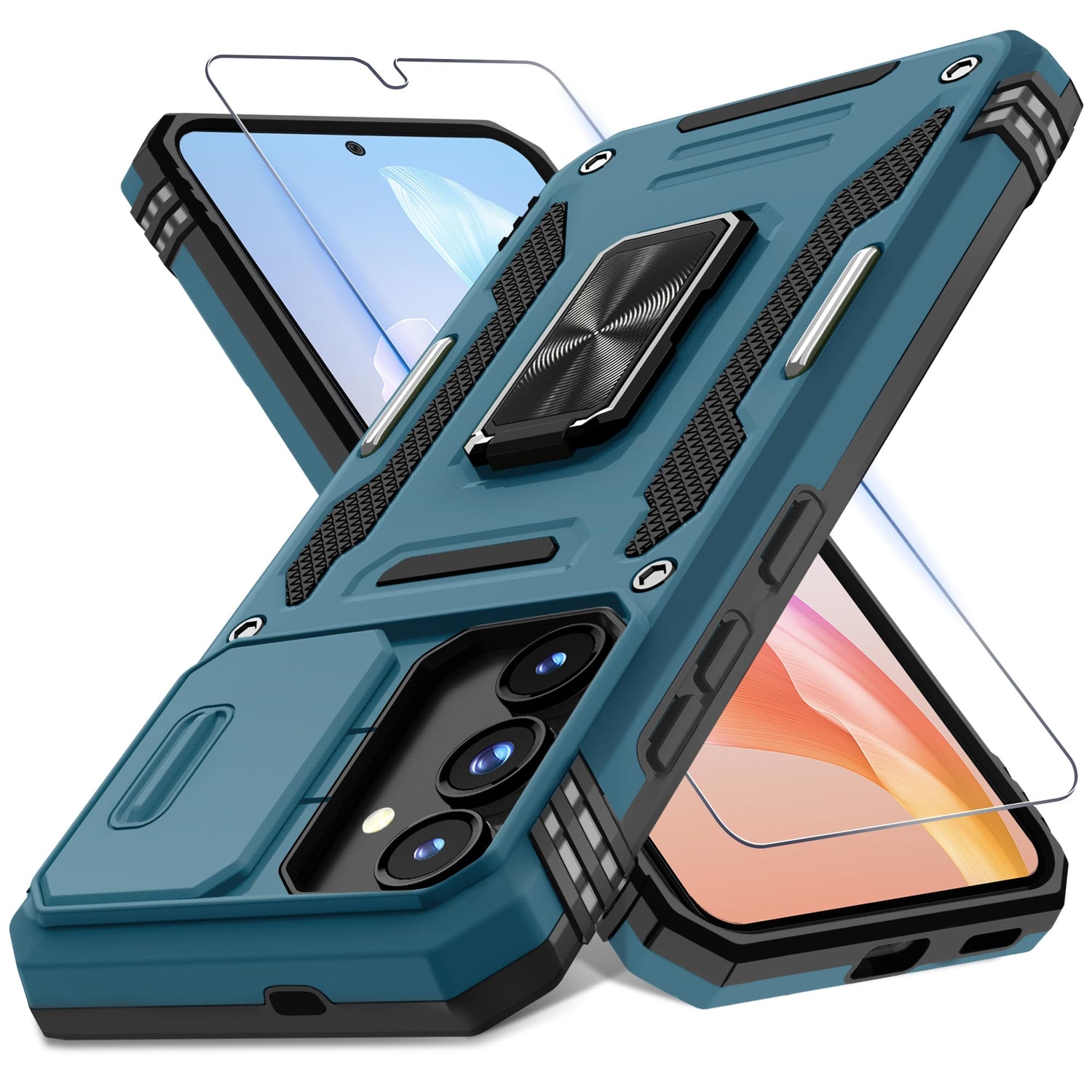 DEERLAMN Case for Samsung Galaxy S23 FE 6.4-Inch with Slide Camera Cover+Screen Protector(1 Pack),Rotated Ring Kickstand Military Grade Shockproof Protective Cover-Black
