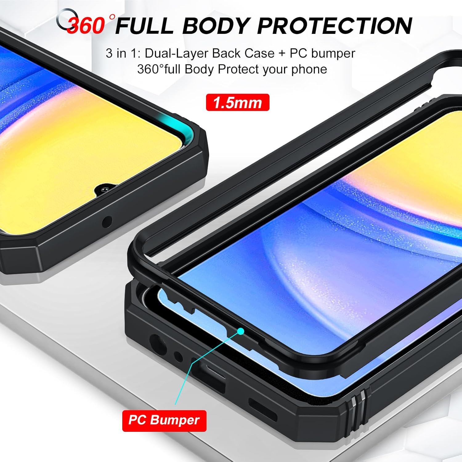 LeYi Compatible for Samsung Galaxy A15-5G Phone Case: Galaxy A15 5G Screen Protector Scratch Resistant [2 Packs] with A15 Case, Heavy Duty Shockproof para Basic Android Galaxy Phone Case A 15, Black