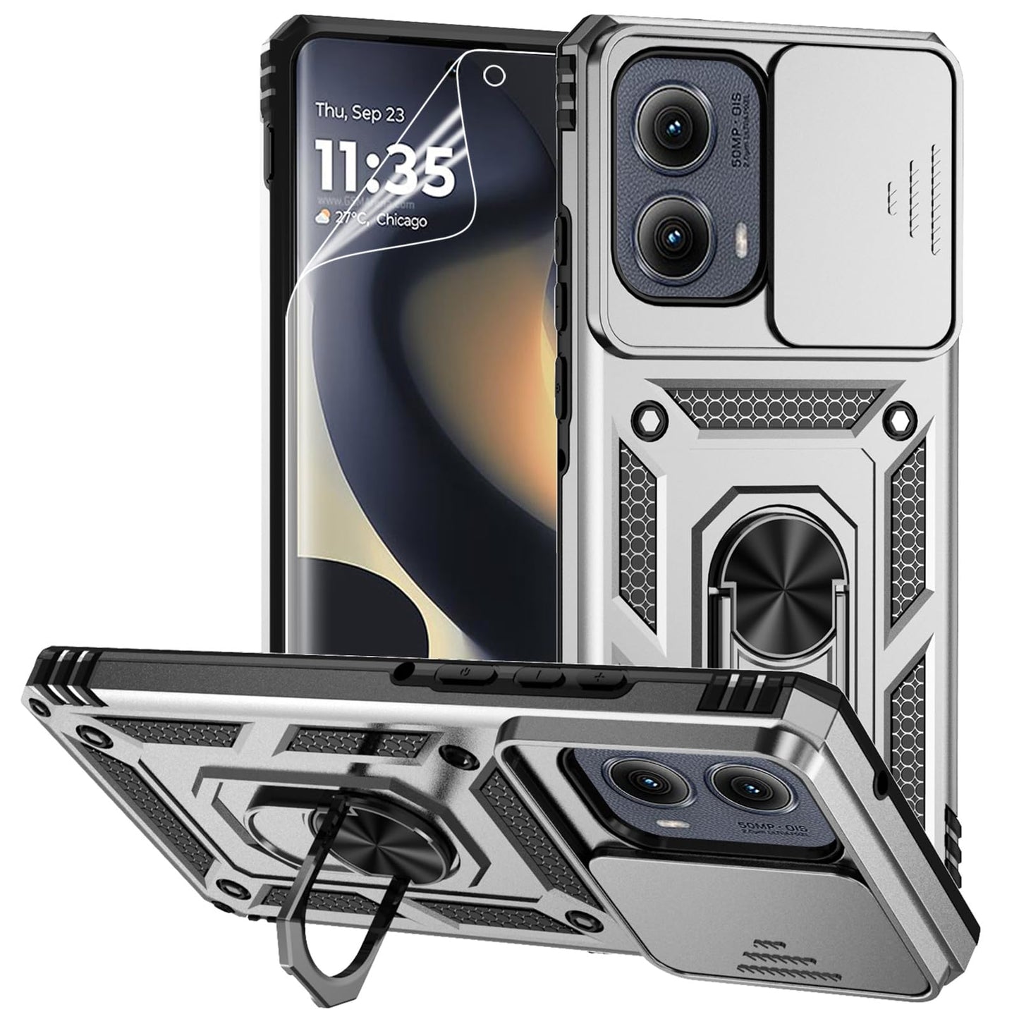 for Motorola Edge 2024 Case with Camera Lens Cover Screen Protector, Dual Layer Military-Grade Drop Tested Magnetic Ring Holder Kickstand Protective Phone Case for Motorola Moto Edge 2024 (Navy Blue)