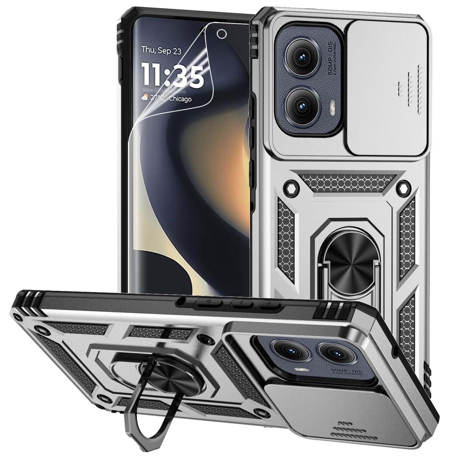 for Motorola Edge 2024 Case with Camera Lens Cover Screen Protector, Dual Layer Military-Grade Drop Tested Magnetic Ring Holder Kickstand Protective Phone Case for Motorola Moto Edge 2024 (Navy Blue)