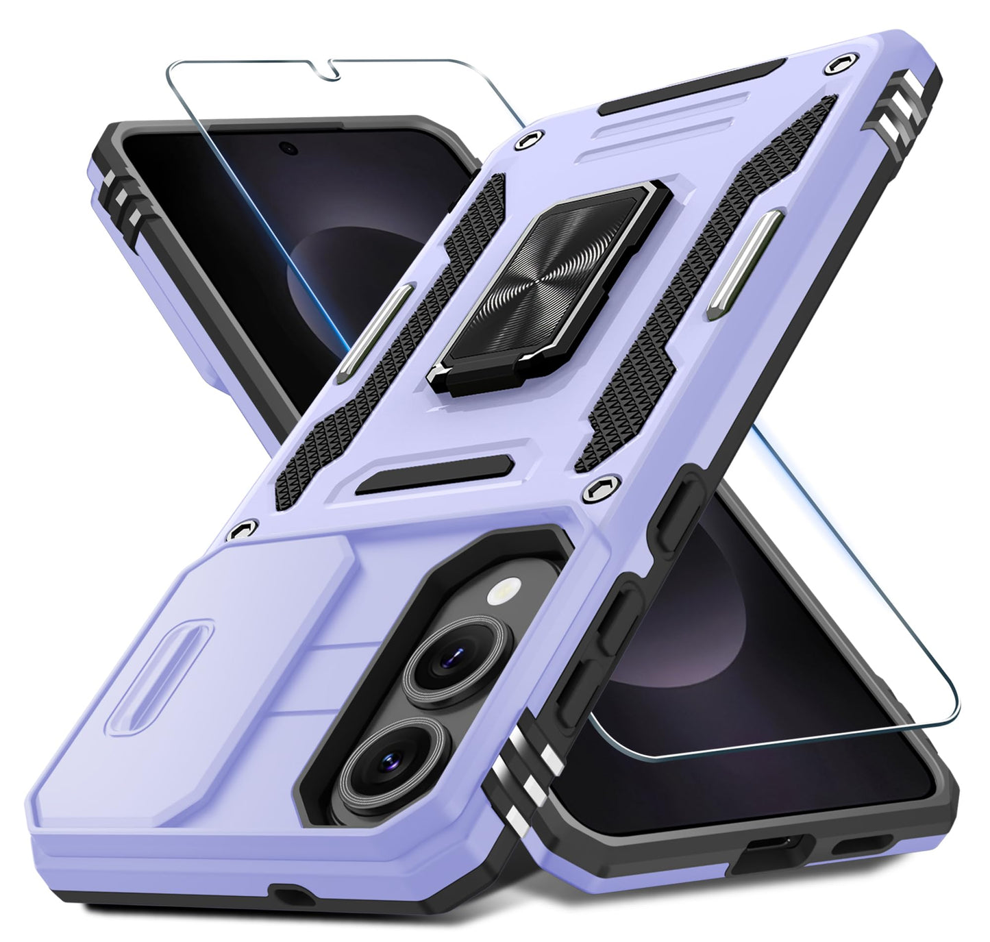 DEERLAMN Case for Samsung Galaxy A17 5G with Slide Camera Cover+Screen Protector (1 Pack), Rotated Ring Kickstand Military Grade Shockproof Protective Cover-Navy Blue