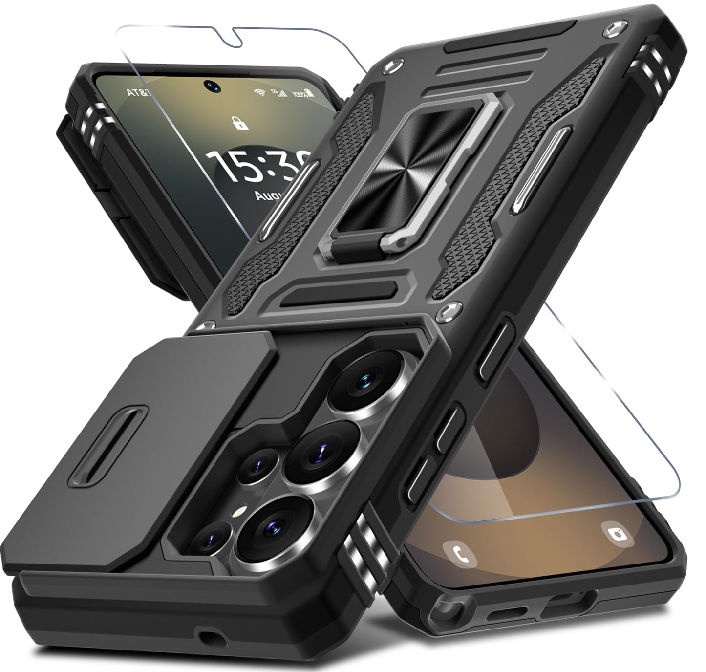 DEERLAMN Case for Samsung Galaxy A17 5G with Slide Camera Cover+Screen Protector (1 Pack), Rotated Ring Kickstand Military Grade Shockproof Protective Cover-Navy Blue