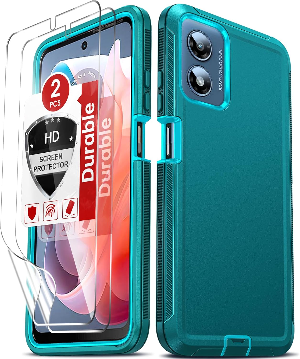 LeYi Compatible for Moto-G-Play-2024 Case 4G: Motorola G Play 2024 Phone Case 4G [Not Fit G Play 5G 2024] with 2 Pack HD Screen Protectors, Heavy Duty 3 in 1 Shockproof Protective Funda, Teal