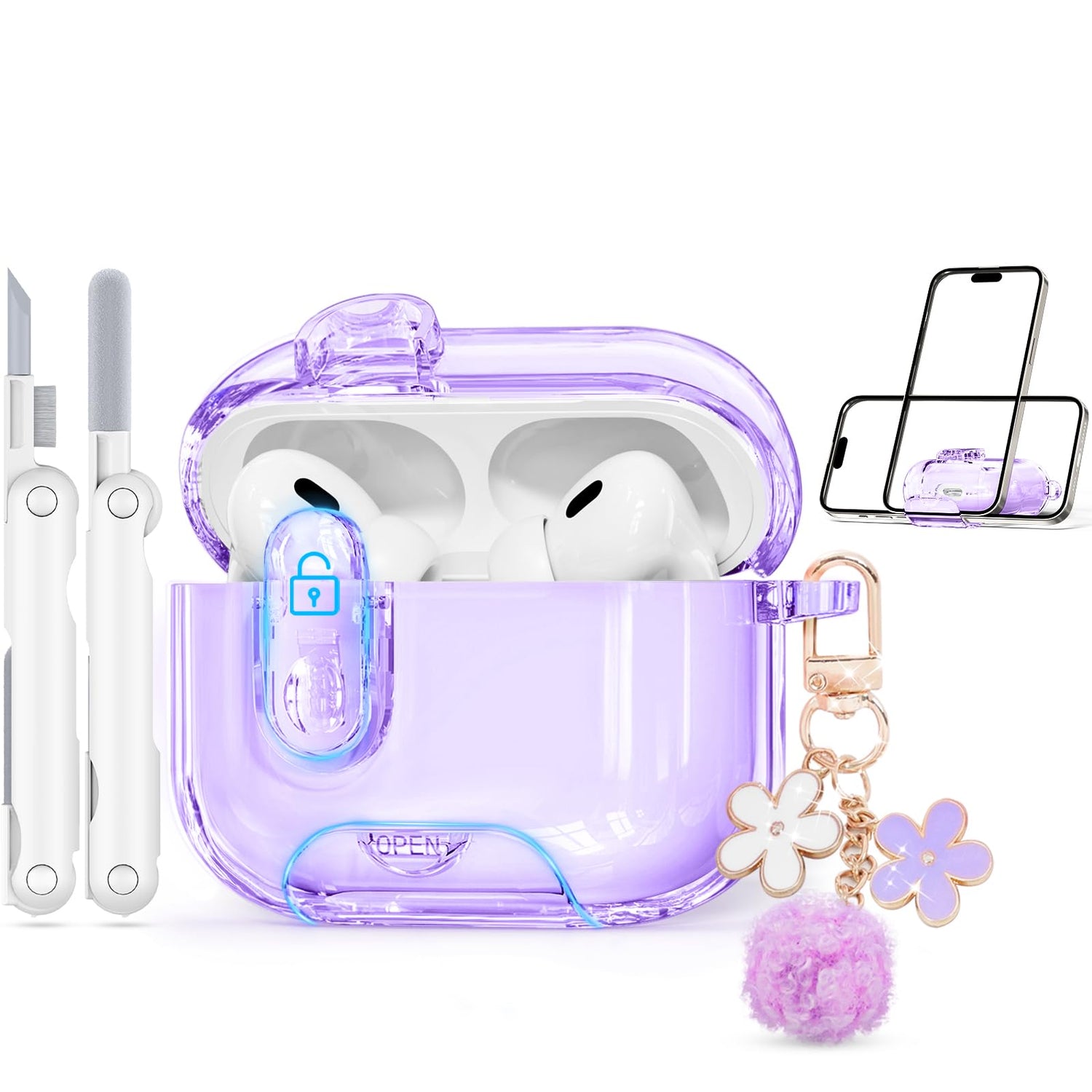 with Safety Lock for AirPods Pro 3 Case 2025,Clear Cases with Phone Stand & Cleaning Kit,Soft TPU Cover for Airpods Pro 3rd Generation Case,Cute Bling Keychain for Women Girls-Glitter Pink
