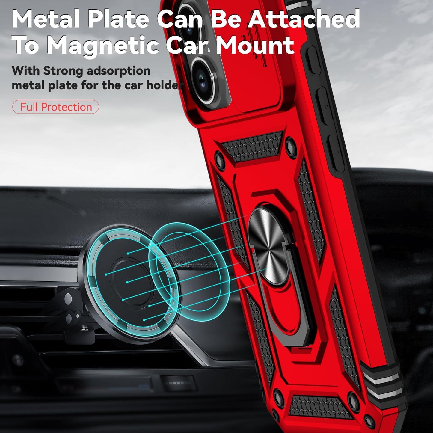 SunStory Compatible with iPhone 17 Case with HD Screen Protector & Slide Camera Cover & Rotated Ring Kickstand, [Military-Grade] iPhone Case for iPhone 17,Red