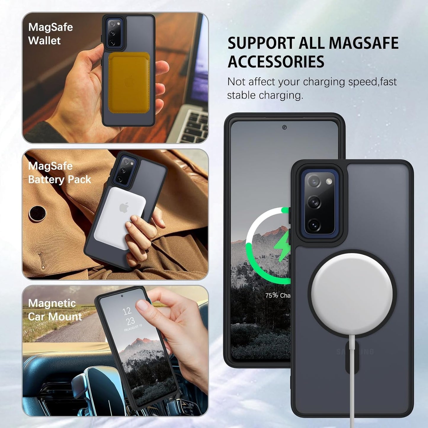 DUEDUE for Samsung Galaxy S20 FE Case Magnetic[Compatible with Magsafe], Translucent Matte Back Full Body Protective Cover Anti-Scratch Shockproof Phone Case for Samsung S20 FE 4G/5G, Black