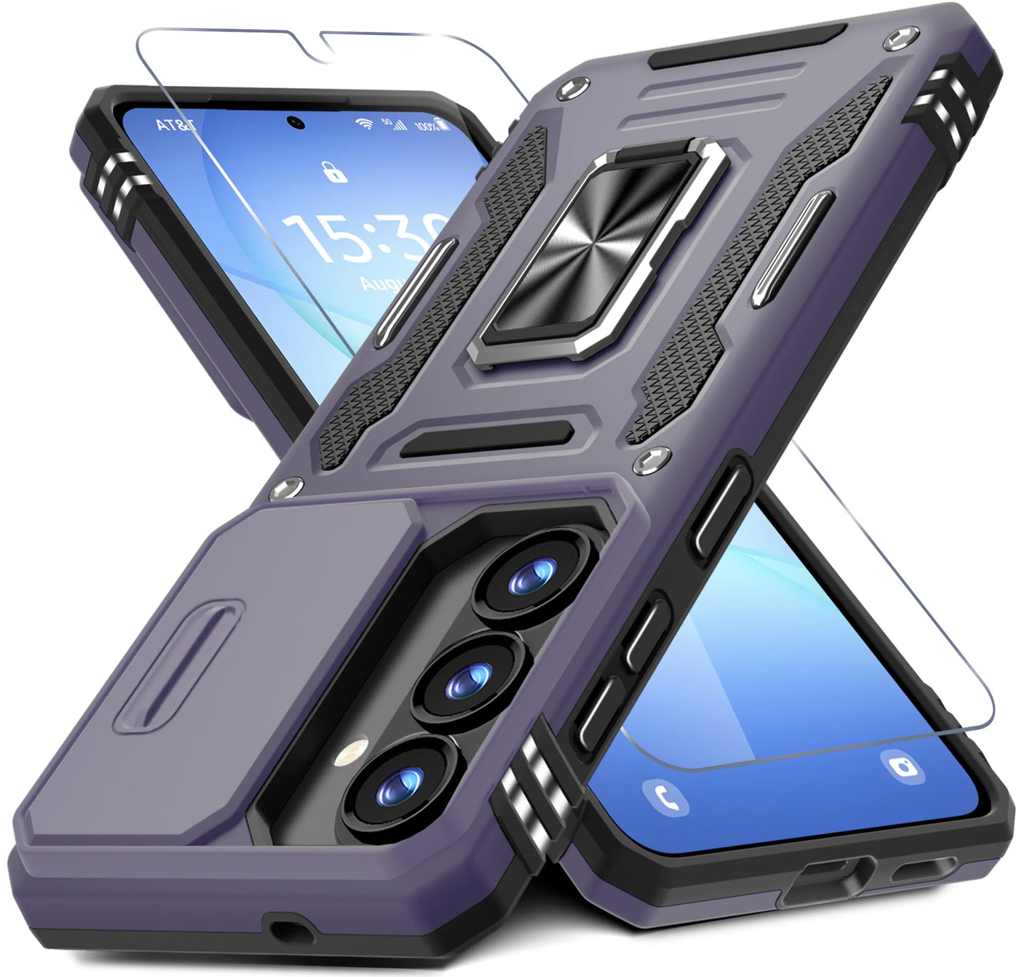 DEERLAMN Case for Samsung Galaxy A17 5G with Slide Camera Cover+Screen Protector (1 Pack), Rotated Ring Kickstand Military Grade Shockproof Protective Cover-Navy Blue