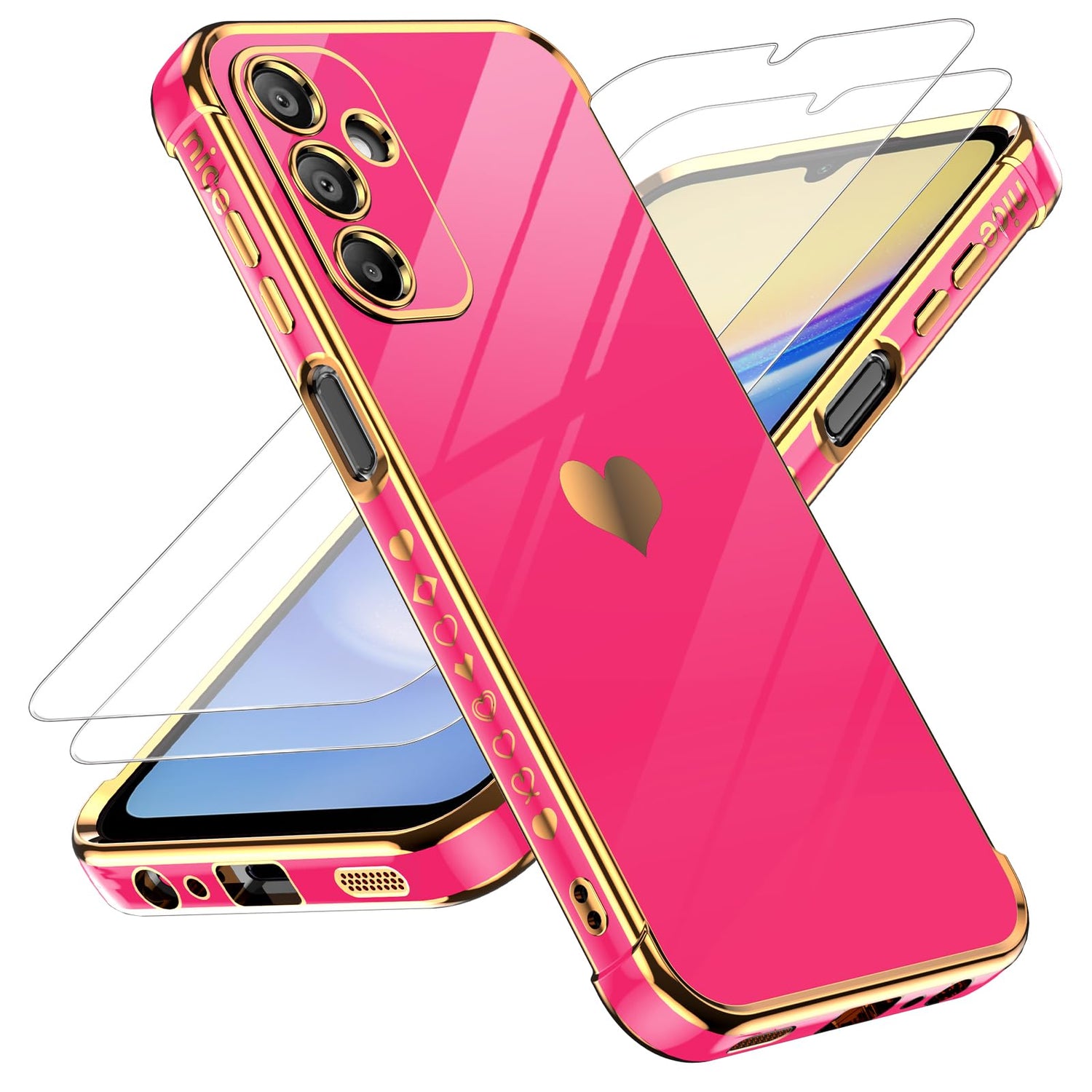 LeYi for Galaxy A16-5G Phone Case: Tempered Glass Screen Protector [2 Pcs]+ Full Camera Lens Protection,Love Heart Plating Luxury Shockproof Phone Case para Samsung A 16 5G Cute,Pink