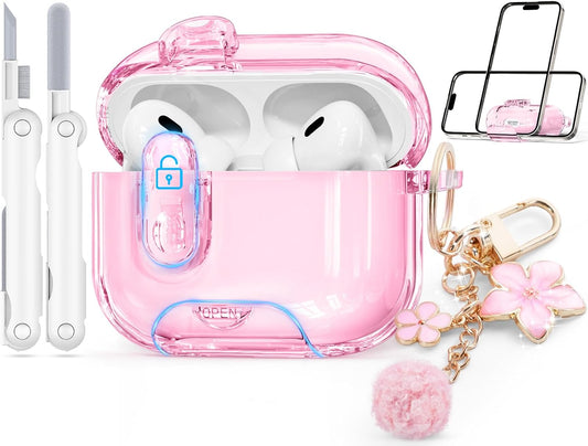 with Safety Lock for AirPods Pro 3 Case 2025,Clear Cases with Phone Stand & Cleaning Kit,Soft TPU Cover for Airpods Pro 3rd Generation Case,Cute Bling Keychain for Women Girls-Glitter Pink
