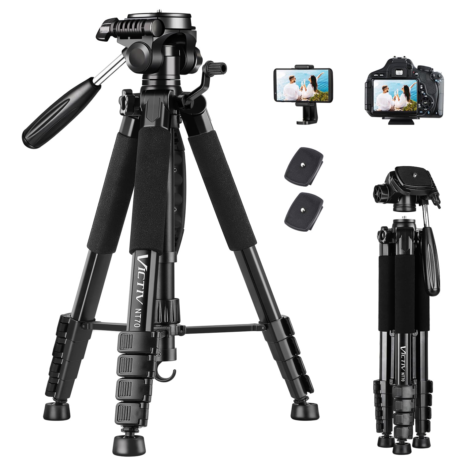 Victiv 74” Camera Tripod, Phone Tripod for iPhone with Phone Holder, Orange | Aluminum Professional Heavy Duty Camera Tripod Stand, Tall Tripod for DSLR with Carry Bag, Compatible with Canon Nikon iPhone
