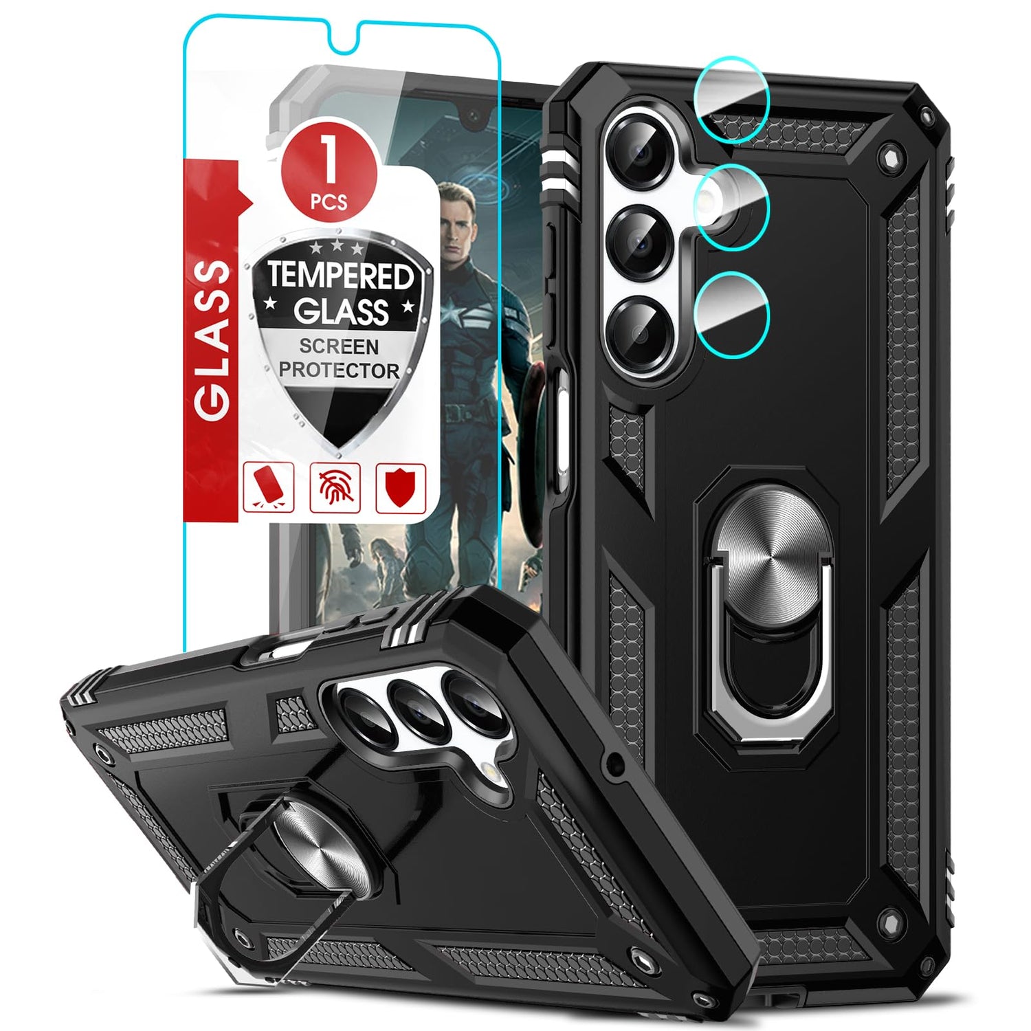 LeYi for Samsung Galaxy A12 Phone Case, Samsung A12 Phone Case with [2 Pack] Glass Screen Protector Replacement, Military-Grade Shockproof Magnetic Ring Stand Cell Android Case Cover A 12 5G, Black